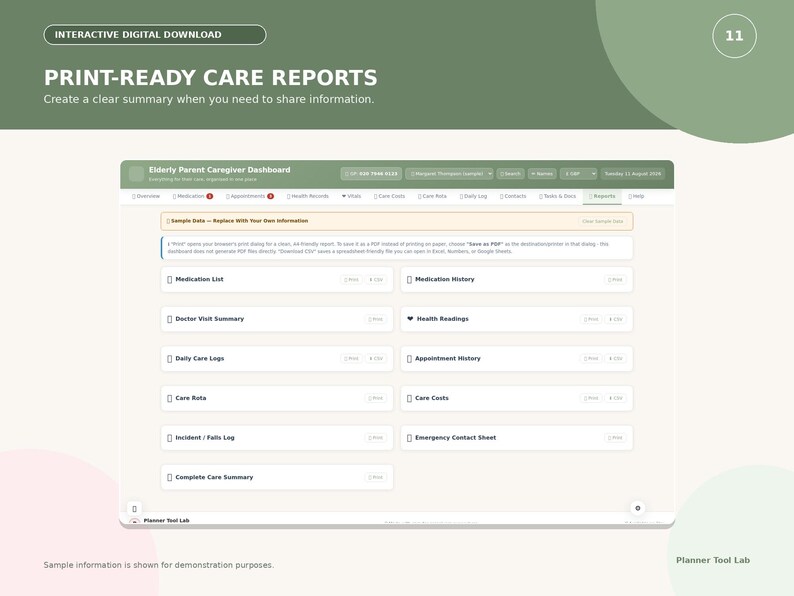 Puede incluir: Una descarga digital interactiva titulada Print-Ready Care Reports para un panel de control de cuidadores de personas mayores. La interfaz presenta un dise&ntilde;o limpio con botones para Medication List, Doctor Visit Summary y otros.