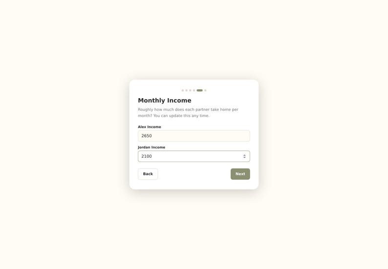 May include: A digital interface screen titled Monthly Income with a prompt asking for monthly take-home pay for two partners. The form includes input fields for Alex Income with 2650 and Jordan Income with 2100, plus Back and Next navigation buttons.