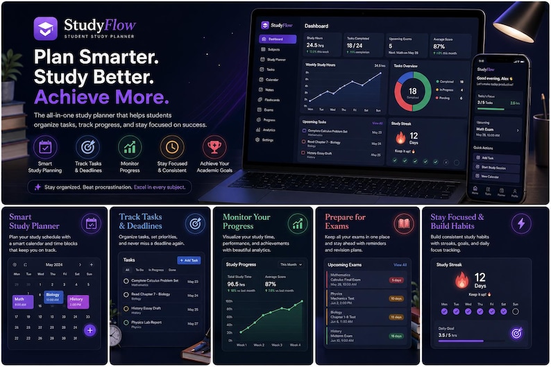May include: A digital study planner interface named StudyFlow displayed on a laptop and smartphone. The dark-themed dashboard features charts, task lists, exam schedules, and study streak trackers with purple, green, and orange accents.