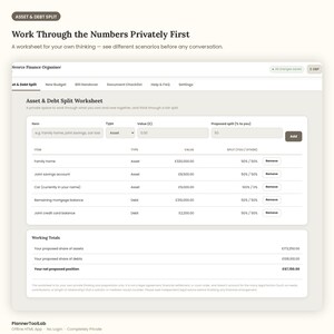 May include: A digital Asset & Debt Split worksheet interface featuring a table for itemizing assets and debts with columns for item name, type, value in GBP, and proposed split percentage. The layout includes a working totals section for net position.