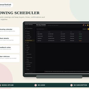 May include: A digital interface for a Showing Scheduler real estate CRM planner. The screen displays a dark-themed dashboard with columns for buyer names, property addresses, dates, times, and agent status. Features include a calendar, client details, feedback notes, and status tracking. The software works offline without a login or subscription.