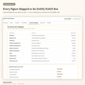 May include: A digital tax estimator interface titled Filing Made Easy, displaying a Tax Return Box Mapping table. It lists SA100 and SA103 form boxes with corresponding financial figures in British pounds, alongside an Allowable Expense Cheat Sheet.