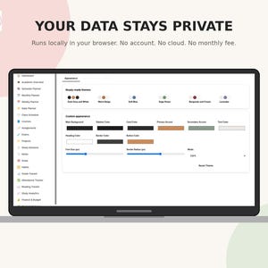 May include: A digital interface for a planner application displayed on a screen. The layout includes a sidebar with navigation links, a section for ready-made themes, and custom appearance settings with color pickers, sliders, and text labels.