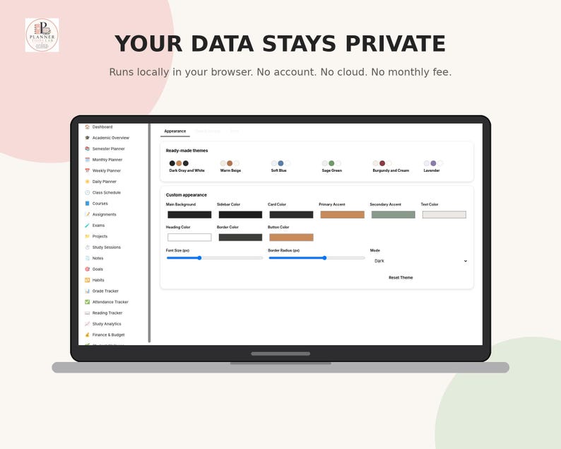May include: A digital interface for a planner application displayed on a screen. The layout includes a sidebar with navigation links, a section for ready-made themes, and custom appearance settings with color pickers, sliders, and text labels.