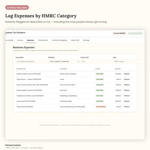 May include: A digital expense tracking interface titled Log Expenses by HMRC Category. The screen displays a table for inputting business costs with columns for description, category, amount in pounds, and date, featuring status labels like Deductible.
