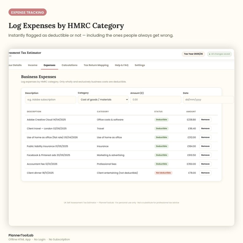 May include: A digital expense tracking interface titled Log Expenses by HMRC Category. The screen displays a table for inputting business costs with columns for description, category, amount in pounds, and date, featuring status labels like Deductible.