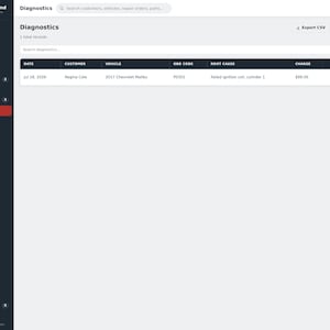 May include: A digital interface for Garage Command shop management software displaying a diagnostics dashboard. The screen features a dark sidebar navigation menu and a white main content area with a table listing vehicle diagnostic records.