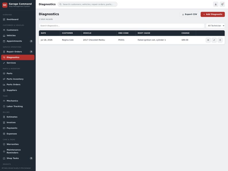 May include: A digital interface for Garage Command shop management software displaying a diagnostics dashboard. The screen features a dark sidebar navigation menu and a white main content area with a table listing vehicle diagnostic records.