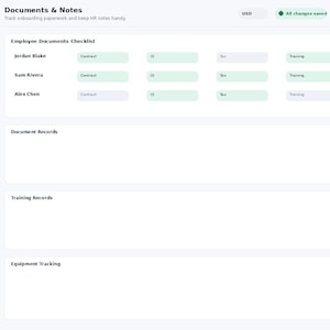 May include: A digital dashboard interface titled EmployeeFlow Pro Documents & Notes. The screen displays an employee documents checklist for Jordan Blake, Sam Rivera, and Alex Chen, alongside sections for document records, training records, and equipment tracking.