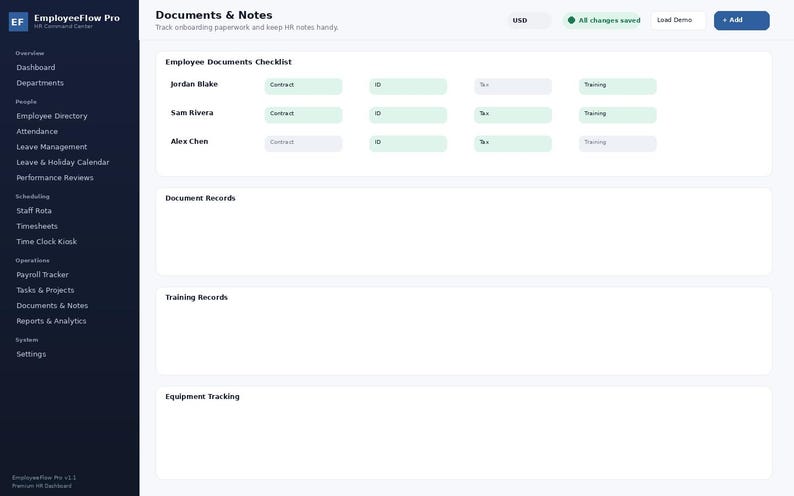May include: A digital dashboard interface titled EmployeeFlow Pro Documents & Notes. The screen displays an employee documents checklist for Jordan Blake, Sam Rivera, and Alex Chen, alongside sections for document records, training records, and equipment tracking.