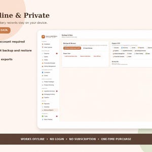 May include: A digital interface for bakery management software titled Offline & Private. The screen displays a Backup & Data menu with options for JSON backup, restore, and CSV exports. Text includes No account required and Works offline.