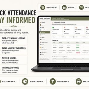 May include: A laptop displaying the Freelance Teacher Planner software interface, featuring an attendance tracker dashboard with columns for student names, dates, and status. The screen shows summary boxes for total attended, missed, late, and cancelled lessons.