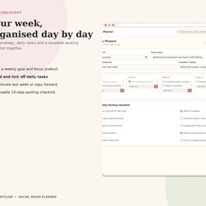 May include: A digital social media planner interface featuring a weekly task view and a 10-step posting checklist. The layout includes text headers such as Your week, organised day by day, and sections for goals, campaigns, and daily task management.