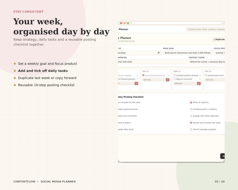 May include: A digital social media planner interface featuring a weekly task view and a 10-step posting checklist. The layout includes text headers such as Your week, organised day by day, and sections for goals, campaigns, and daily task management.