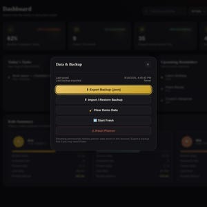May include: A dark-themed software interface modal titled Data & Backup, featuring buttons for Export Backup (json), Import / Restore Backup, Clear Demo Data, Start Fresh, and Reset Planner, set against a blurred dashboard background.