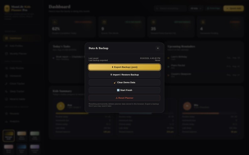 May include: A dark-themed software interface modal titled Data & Backup, featuring buttons for Export Backup (json), Import / Restore Backup, Clear Demo Data, Start Fresh, and Reset Planner, set against a blurred dashboard background.