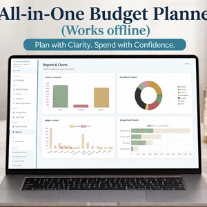 May include: A laptop displaying a budget planner interface with charts and graphs. The screen shows "All-in-One Budget Planner" and "Plan with Clarity. Spend with Confidence." A coffee mug and a notebook are on the desk.