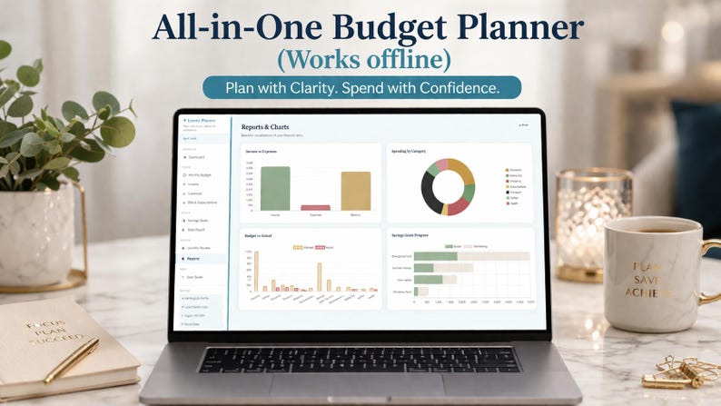 May include: A laptop displaying a budget planner interface with charts and graphs. The screen shows "All-in-One Budget Planner" and "Plan with Clarity. Spend with Confidence." A coffee mug and a notebook are on the desk.