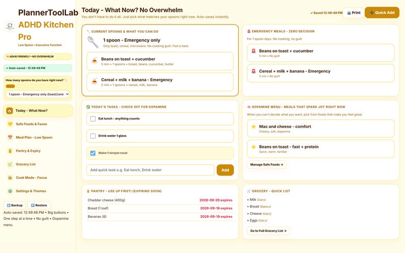 May include: A digital planner interface titled PlannerToolLab ADHD Kitchen Pro featuring sections for emergency meals, daily tasks, a dopamine menu, pantry items with expiration dates, and a grocery list, all organized in a light yellow layout.