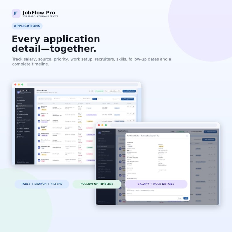 May include: A digital interface for JobFlow Pro, a job search command center. The screen displays an applications dashboard with columns for company, role, location, and salary. A pop-up window shows specific role details and salary information.