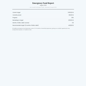 May include: An Emergency Fund Report document for August 2026, displaying financial data including a current target of 3,000.00 &euro;, 900.00 &euro; saved, 30% progress, 2,100.00 &euro; remaining, 0.8 months of bills covered, and a recommended target of 4,823.91 &euro;.