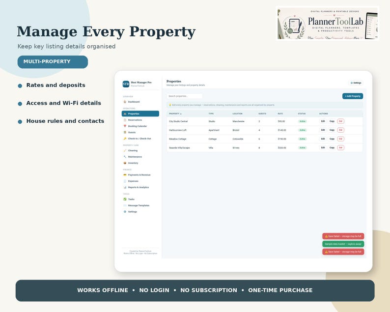 May include: A digital property management dashboard interface titled Manage Every Property, featuring a sidebar menu for listings, reservations, and maintenance. The screen displays a property list table with columns for type, location, and rates.