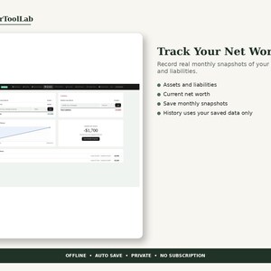 May include: A digital net worth tracker interface by PlannerToolLab featuring sections for assets, liabilities, and monthly snapshots. The dashboard displays a line graph, a net worth summary of -$1,700, and a list of entries. Text includes Track Your Net Worth.