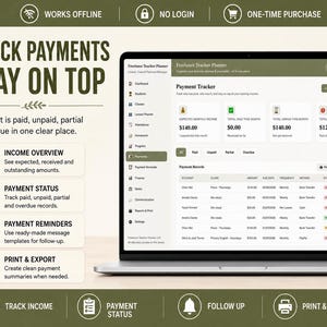 May include: A laptop displaying the Freelance Teacher Planner software interface, featuring a payment tracker dashboard with columns for student names, class types, payment amounts, due dates, frequencies, methods, and statuses like paid, unpaid, or overdue.