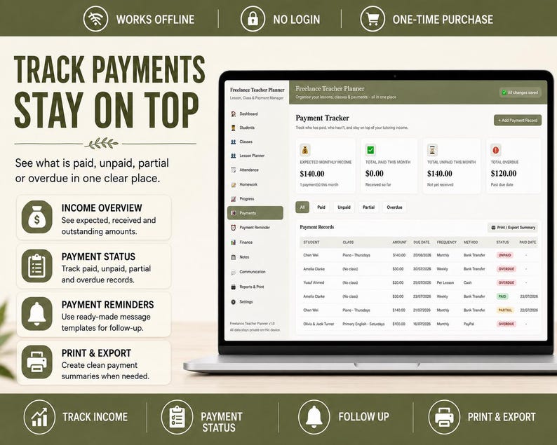 May include: A laptop displaying the Freelance Teacher Planner software interface, featuring a payment tracker dashboard with columns for student names, class types, payment amounts, due dates, frequencies, methods, and statuses like paid, unpaid, or overdue.