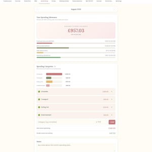 May include: A digital budget tracker interface titled Pay Yourself First for August 2026. It displays a spending allowance of &pound;957.03, with sections for savings, bills, debt, and spending categories including groceries, transport, eating out, and entertainment.