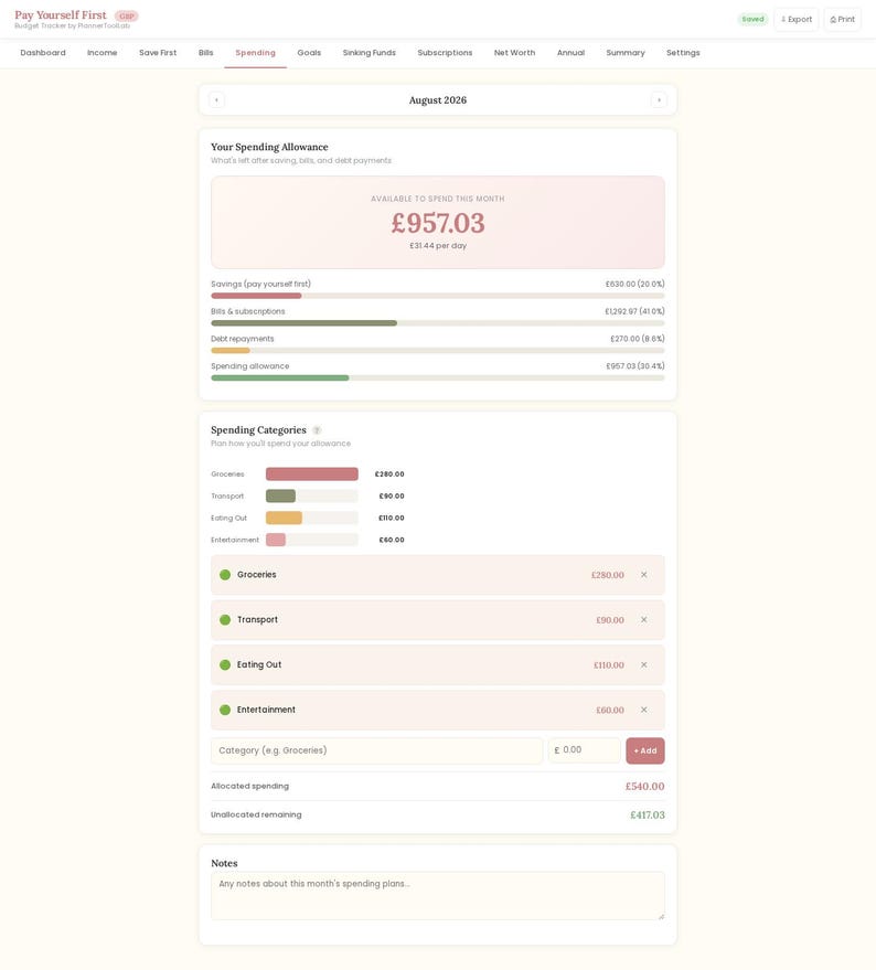 May include: A digital budget tracker interface titled Pay Yourself First for August 2026. It displays a spending allowance of &pound;957.03, with sections for savings, bills, debt, and spending categories including groceries, transport, eating out, and entertainment.