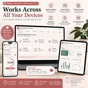 May include: A digital interface for the Focus Session Companion app displayed on a laptop, smartphone, and tablet. The screens show dashboards, timers, and progress charts with text including Works Across All Your Devices and One App. All The Tools.