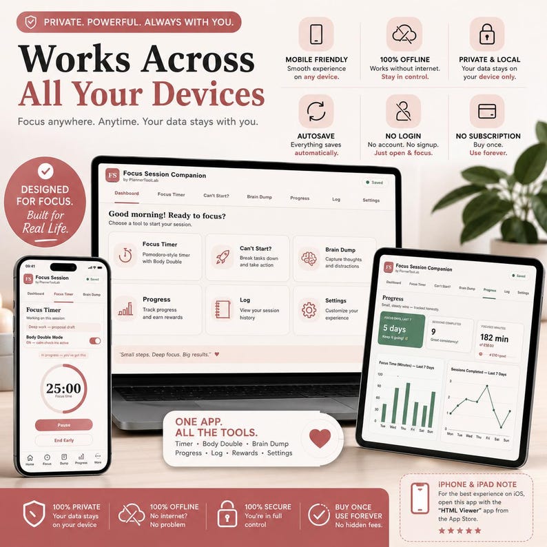 May include: A digital interface for the Focus Session Companion app displayed on a laptop, smartphone, and tablet. The screens show dashboards, timers, and progress charts with text including Works Across All Your Devices and One App. All The Tools.