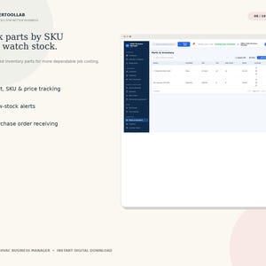 May include: A digital interface for HVAC Business Manager software displaying a parts and inventory dashboard. The screen shows columns for SKU, category, and stock levels. Text includes Link parts by SKU and watch stock, Part, SKU & price tracking, Low-stock alerts, and Purchase order receiving.