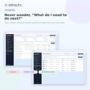 May include: A digital interface for JobFlow Pro Job Search Command Center displaying a Tasks & Follow-ups dashboard and a Contacts & Networking screen. The layout features dark sidebars, light data tables, and text headers including Never wonder, What do I need to do next?