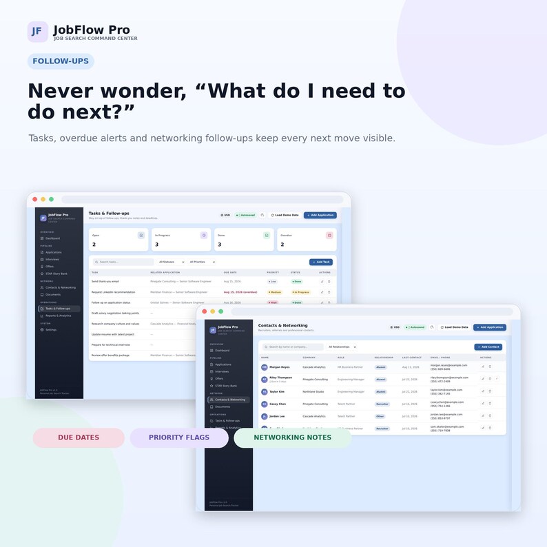May include: A digital interface for JobFlow Pro Job Search Command Center displaying a Tasks & Follow-ups dashboard and a Contacts & Networking screen. The layout features dark sidebars, light data tables, and text headers including Never wonder, What do I need to do next?