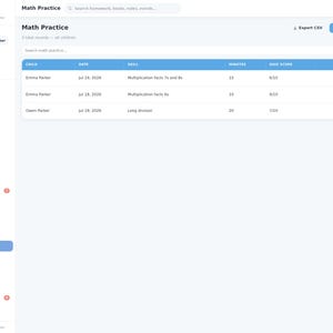 May include: A digital dashboard interface titled Little Stars Planner showing a Math Practice table. The table lists child names, dates, skills, minutes, and quiz scores. A sidebar on the left displays navigation menus for planning and academics.