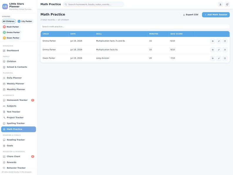 May include: A digital dashboard interface titled Little Stars Planner showing a Math Practice table. The table lists child names, dates, skills, minutes, and quiz scores. A sidebar on the left displays navigation menus for planning and academics.