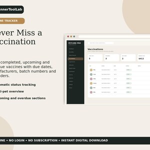 May include: A digital vaccine tracker interface titled Petcare Pro, featuring a dashboard with columns for pet names, vaccine types, dates, and status. The layout includes text headers PlannerToolLab, Vaccine Tracker, and Never Miss a Vaccination.