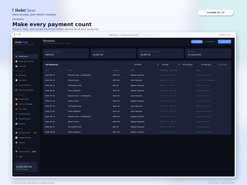 May include: A digital dashboard interface titled DebtClear Professional Debt Payoff Planner. The dark-themed screen displays a payment history table with columns for date, debt name, amount, type, principal, interest, and note, plus summary cards.