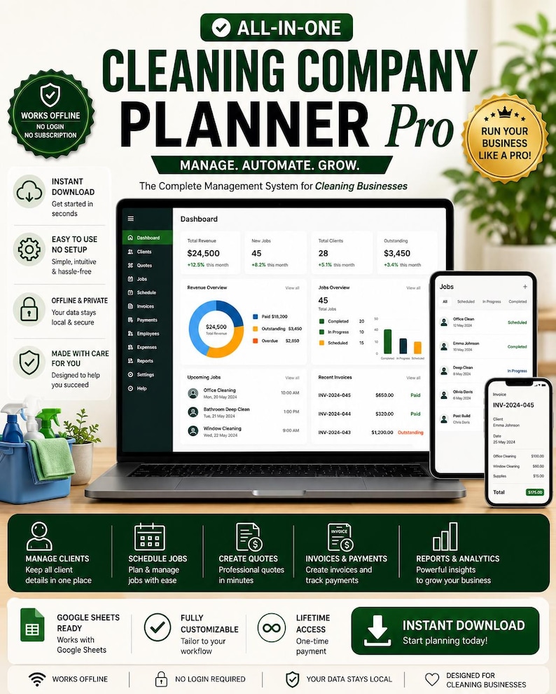 May include: A digital cleaning company planner pro management system displayed on a laptop and two mobile devices. The screen shows a dashboard with revenue, job overviews, and invoice data. Text includes All-in-One Cleaning Company Planner Pro.