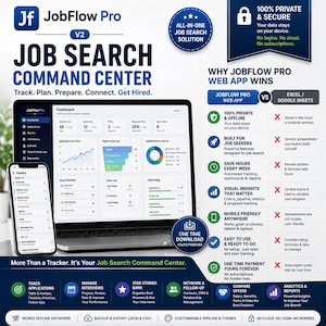 May include: A digital marketing graphic for JobFlow Pro V2, a job search command center. The image displays a laptop and smartphone showing a dashboard interface, alongside a comparison chart highlighting features like offline privacy and one-time payment.