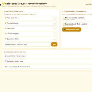 May include: A digital interface titled PlannerToolLab ADHD Kitchen Pro featuring sections for Safe Foods, Favourite Meals, and Foods to Avoid. The layout includes input fields for food items, buttons for adding entries, and a sidebar navigation menu.