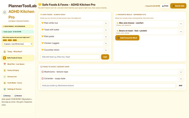 May include: A digital interface titled PlannerToolLab ADHD Kitchen Pro featuring sections for Safe Foods, Favourite Meals, and Foods to Avoid. The layout includes input fields for food items, buttons for adding entries, and a sidebar navigation menu.