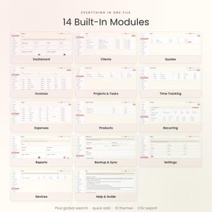 May include: A digital interface display featuring 14 built-in modules including Dashboard, Clients, Quotes, Invoices, Projects & Tasks, Time Tracking, Expenses, Products, Recurring, Reports, Backup & Sync, Settings, Devices, and Help & Guide.