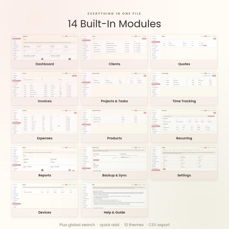 May include: A digital interface display featuring 14 built-in modules including Dashboard, Clients, Quotes, Invoices, Projects & Tasks, Time Tracking, Expenses, Products, Recurring, Reports, Backup & Sync, Settings, Devices, and Help & Guide.
