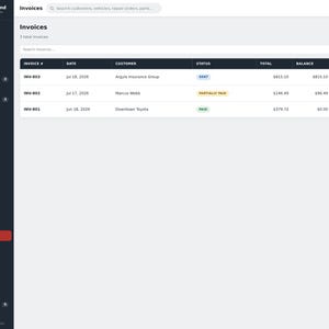 May include: A digital dashboard interface titled Garage Command displaying an Invoices page. The screen features a dark sidebar navigation menu and a main white content area listing three invoices with columns for invoice number, date, customer, status, total, and balance.