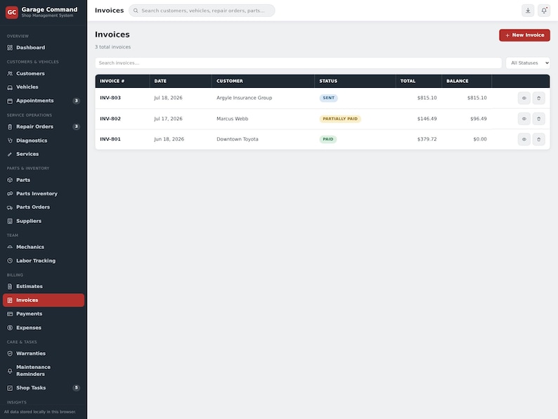 May include: A digital dashboard interface titled Garage Command displaying an Invoices page. The screen features a dark sidebar navigation menu and a main white content area listing three invoices with columns for invoice number, date, customer, status, total, and balance.