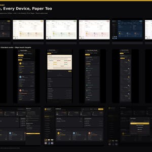 May include: A digital interface design showcase featuring multiple dashboard layouts, mobile views, and print-ready templates. The display includes dark and light themes with text reading Your Style, Every Device, Paper Too, highlighting responsive layouts and touch-optimized elements for various screen sizes.