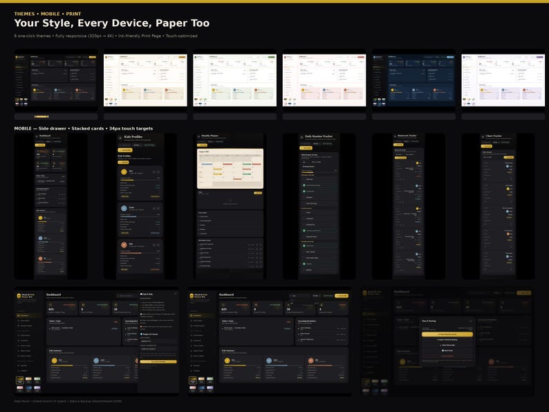 May include: A digital interface design showcase featuring multiple dashboard layouts, mobile views, and print-ready templates. The display includes dark and light themes with text reading Your Style, Every Device, Paper Too, highlighting responsive layouts and touch-optimized elements for various screen sizes.